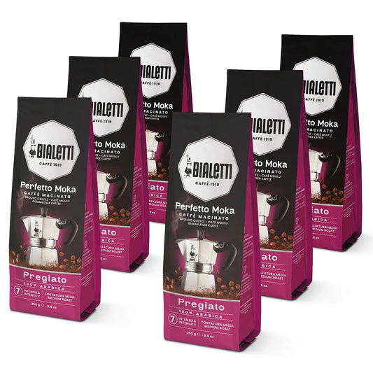 Bialetti Perfetto Moka Delicato Ground Coffee 8.8 oz Pack of 6, Light Roast Intensity 5-100% Arabica Italian Espresso with Floral & Dried Fruit Notes, Smooth Mellow Flavor, Compatible with Moka Pots