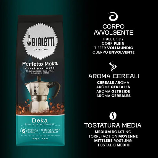 Bialetti Perfetto Moka Decaf Ground Coffee 8.8 oz Pack of 6, Medium Roast Intensity 6-40% Arabica, 60% Robusta Italian Espresso Aromatic Notes of Cereals and Toasted Bread, Compatible with Moka Pots