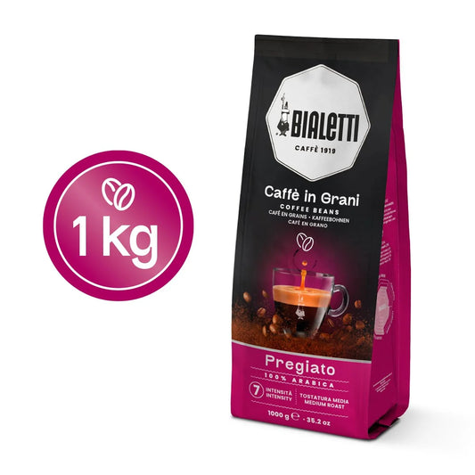 Bialetti Pregiato Coffee Beans 1000g Bag - Medium Roast Intensity 7, 100% Arabica Whole Bean Coffees with Floral & Dried Fruit Notes For Stovetop Espresso Maker, Cappuccino Machines & Moka Pot