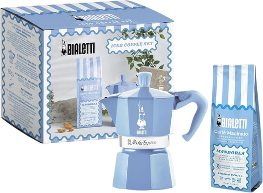 Bialetti Moka Express 3 Cup Light Blue & Almond Ground Coffee Gift Set – Stovetop Espresso Maker with 250g Caffe Macinato Mandorla, 80% Arabica 20% Robusta Medium Dark Roast, Made in Italy