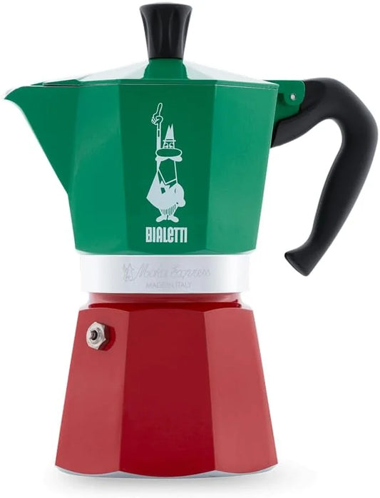 Bialetti - Moka Express Italia Collection: Iconic Stovetop Espresso Maker, Makes Real Italian Coffee, Moka Pot 6 Cups (9 Oz - 270 Ml), Aluminium, Colored in Red Green Silver