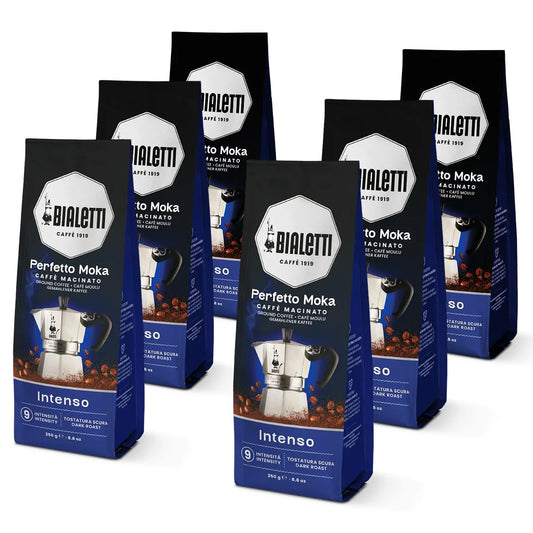 Bialetti Perfetto Moka Intenso Ground Coffee 8.8 oz Pack of 6, Medium Roast Intensity 9-30% Arabica, 70% Robusta Strong Italian Espresso with Cocoa Notes, Compatible with Moka Pots