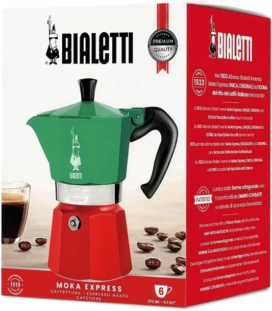 Bialetti - Moka Express Italia Collection: Iconic Stovetop Espresso Maker, Makes Real Italian Coffee, Moka Pot 6 Cups (9 Oz - 270 Ml), Aluminium, Colored in Red Green Silver