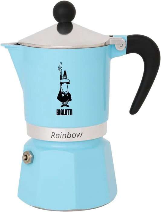 Bialetti Rainbow Moka Pot in Light blue, 3 Cup Stove Top Espresso Maker - Aluminum Cafetera for Ground Coffee, Italian Coffee Maker for Home Brewing