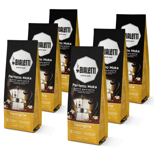 Bialetti Perfetto Moka Vaniglia Ground Coffee 8.8 oz Pack of 6, Medium Roast Intensity 8-80% Arabica, 20% Robusta Italian Espresso, Vanilla Flavored Sweet, Delicate Taste, Compatible with Moka Pots