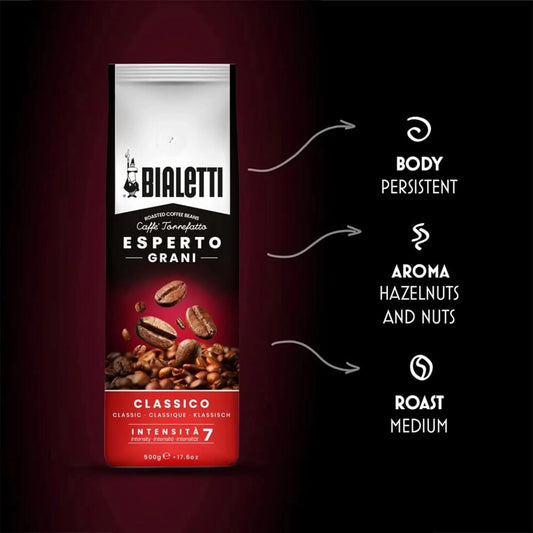 Bialetti Classico Coffee Beans, 500g Bag - Medium Roast Intensity 8, 50% Arabica 50% Robusta Whole Bean Blend - Sweet Floral & Dried Fruit Notes For Espresso, Cappuccino & Latte Machines & Moka Pots
