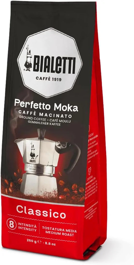 Bialetti 6 Cup Moka Pot and Coffee Ground Bundle 8.8oz Bag with Medium Roast Italian Ground Blend - Stovetop Espresso Maker Morning Brew Barista Style Café Home Brewing Daily Use Kitchen Appliance Set