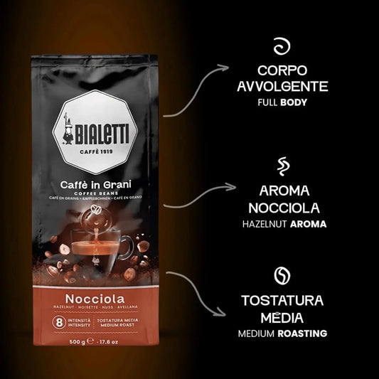 Bialetti Hazelnut Coffee Beans, 500g Bag - Medium Roast Italian Espresso Robusta Whole Bean Blend - Nutty Roasted Hazelnut Aroma, a Rounded, Delicate Flavor, Cappuccino & Latte Machines & Moka Pots