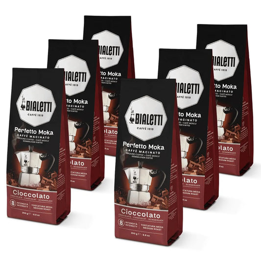 Bialetti Perfetto Moka Cioccolat Ground Coffee 8.8 oz Pack of 6, Roast Intensity 9 - Gourmet Italian Espresso with a Chocolate Aroma with Delicate Caramelized Notes, Compatible with Moka Pots