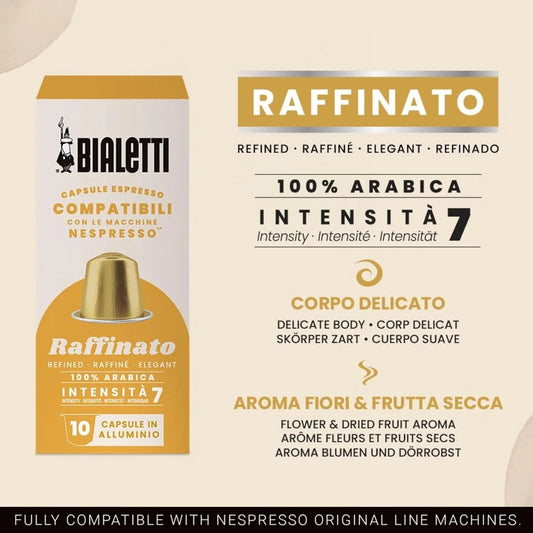Bialetti Raffinato Espresso Capsules 100 Pack – Original Line Compatible Pods, Intensity 7, Refined Arabica Blend with Floral Fruity and Cocoa Notes