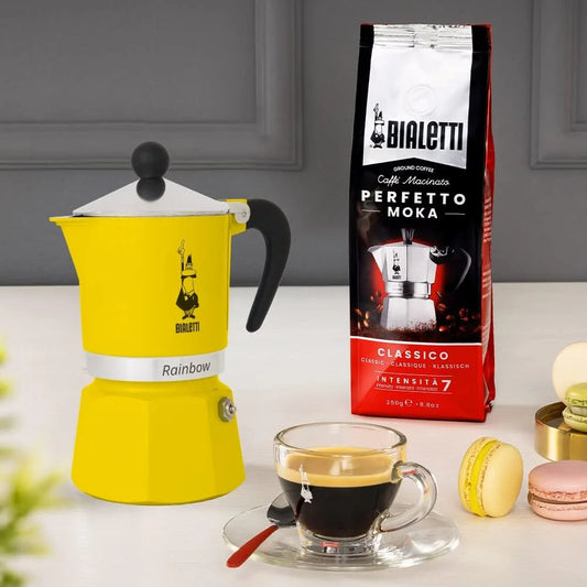 Bialetti Rainbow Moka Pot in Yellow, 6 Cup Stove Top Espresso Maker - Aluminum Cafetera for Ground Coffee, Italian Coffee Maker for Home Brewing