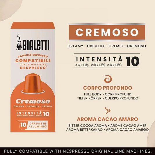 Bialetti Cremoso Espresso Capsules 100 Pack – Original Line Compatible Pods, Intensity 10, Smooth Balanced Coffee with Sweet Fruity and Hazelnut Notes