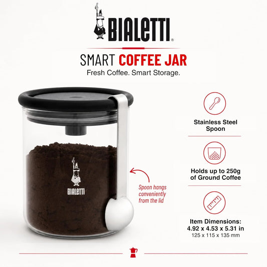 Bialetti Smart Coffee Jar: Glass Coffee Canister with Airtight Lid to Preserve the Aroma of the Coffee (8.8oz - 250g)