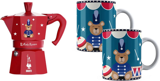 Bialetti Moka Express Iconic Italian Stovetop Espresso Maker (Red/Blue, 6 Cups Set)