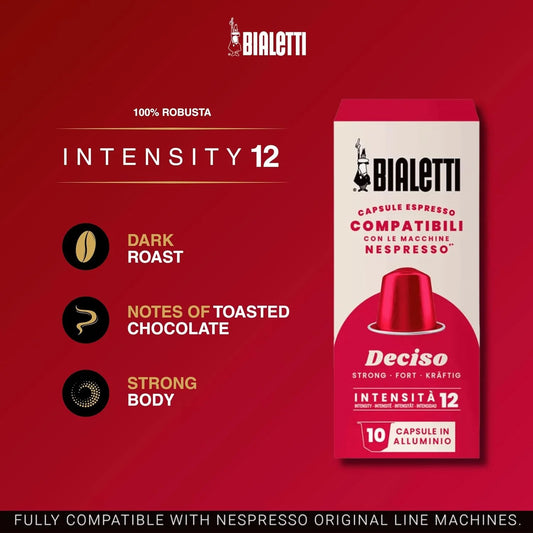 Bialetti Deciso Espresso Capsules 100 Pack – Original Line Machine Compatible Coffee Pods, Strong Intensity 12, Bold Italian Roast with Toasted Notes and Persistent Flavor