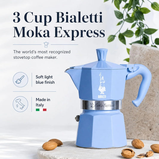Bialetti Moka Express 3 Cup Light Blue & Almond Ground Coffee Gift Set – Stovetop Espresso Maker with 250g Caffe Macinato Mandorla, 80% Arabica 20% Robusta Medium Dark Roast, Made in Italy