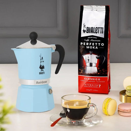 Bialetti Rainbow Moka Pot in Light blue, 3 Cup Stove Top Espresso Maker - Aluminum Cafetera for Ground Coffee, Italian Coffee Maker for Home Brewing