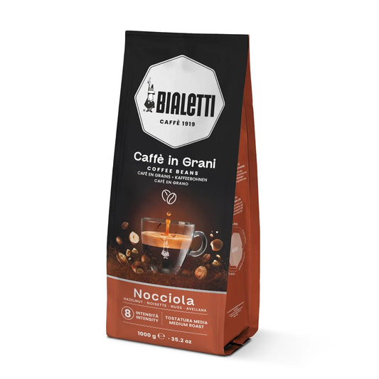 Bialetti Hazelnut Coffee Beans, 1000g Bag - Medium Roast Italian Espresso Robusta Whole Bean Blend - Nutty Roasted Hazelnut Aroma, a Rounded, Delicate Flavor, Cappuccino & Latte Machines & Moka Pots