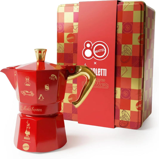Bialetti Moka Express Moka Express with 3 Cups (130 ml) Mattel Edition 80, Collectable Coffee Pot with Celebration Tin - Aluminium Product, Not Suitable for Induction, Red