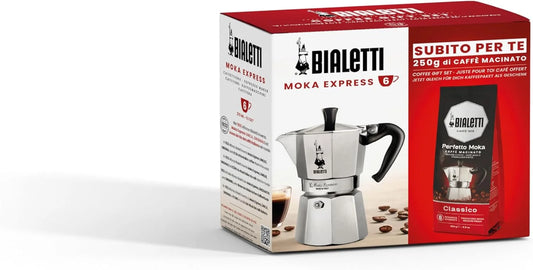 Bialetti 6 Cup Moka Pot and Coffee Ground Bundle 8.8oz Bag with Medium Roast Italian Ground Blend - Stovetop Espresso Maker Morning Brew Barista Style Café Home Brewing Daily Use Kitchen Appliance Set