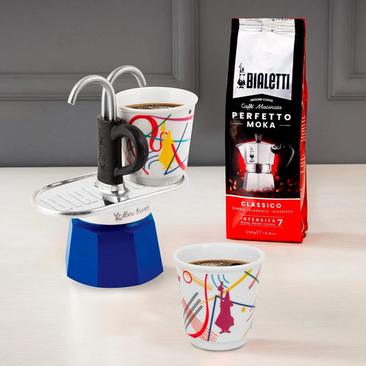 Bialetti - Mini Express Kandinsky: Moka Set includes Coffee Maker 2-Cups (2.8 Oz) + 2 shot glasses, Light Blue, Aluminum