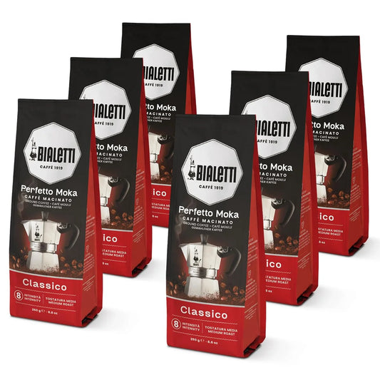 Bialetti Perfetto Moka Classico Ground Coffee 8.8 oz Pack of 6, Medium Roast Intensity 7 - 50% Arabica and 50% Robusta Italian Espresso with Floral & Dried Fruit Notes, Smooth Mellow Flavor, Compatible with Moka Pots