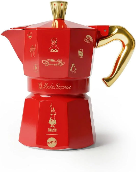 Bialetti Moka Express Moka Express with 3 Cups (130 ml) Mattel Edition 80, Collectable Coffee Pot with Celebration Tin - Aluminium Product, Not Suitable for Induction, Red