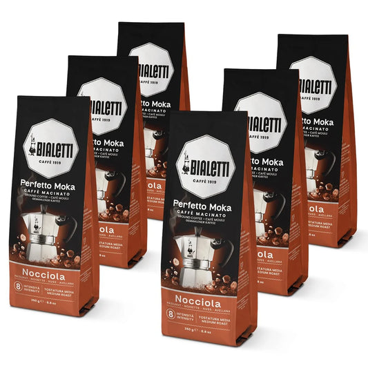 Bialetti Perfetto Moka Nocciola Ground Coffee 8.8 oz Pack of 6, Medium Roast Intensity 8 - 100% Arabica Italian Espresso with a Roasted Hazelnut Aroma, a Rounded, Delicate Flavor, Compatible with Moka Pots