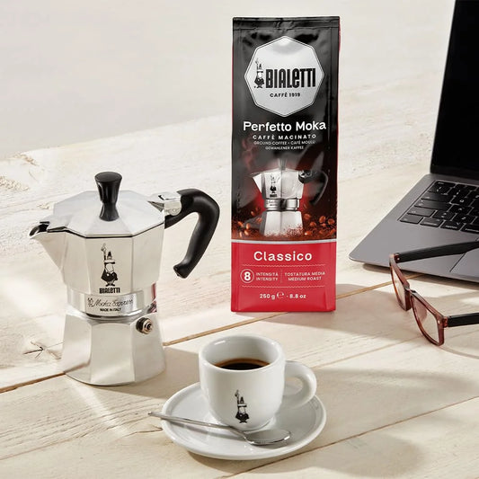 Bialetti Perfetto Moka Classico Ground Coffee 8.8 oz Pack of 6, Medium Roast Intensity 7 - 50% Arabica and 50% Robusta Italian Espresso with Floral & Dried Fruit Notes, Smooth Mellow Flavor, Compatible with Moka Pots