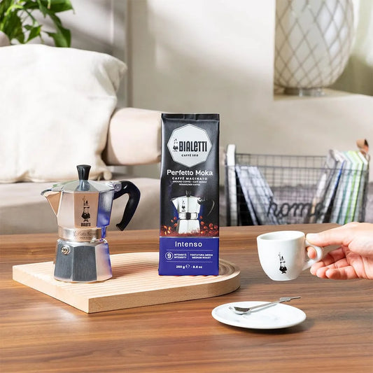 Bialetti Perfetto Moka Intenso Ground Coffee 8.8 oz Pack of 6, Medium Roast Intensity 9-30% Arabica, 70% Robusta Strong Italian Espresso with Cocoa Notes, Compatible with Moka Pots